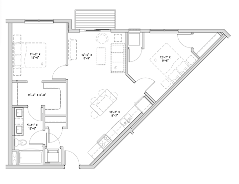 Floor plan for 2 beds, 1 bath, 934 sqft