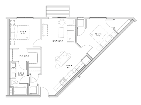Floor plan for 2 beds, 1 bath, 908 sqft