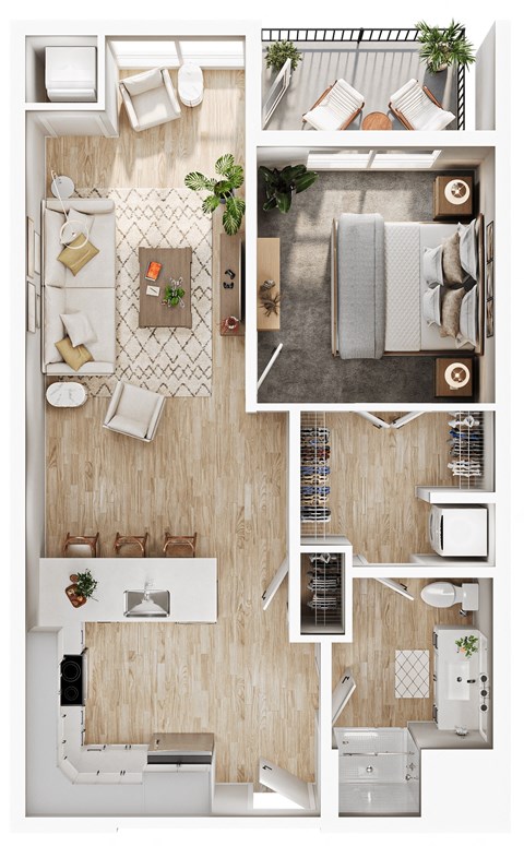 Floor plan for 1 bed, 1 bath, 782 sqft