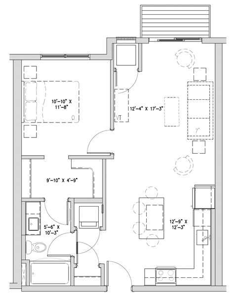 Floor plan for 1 bed, 1 bath, 733 sqft
