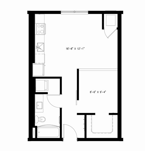 Floor plan for 1 bed, 1 bath, 575 sqft