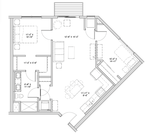 Floor plan for 1 bed, 1 bath, 918 sqft