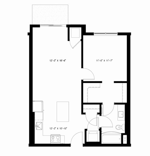 Floor plan for 1 bed, 1 bath, 730 sqft