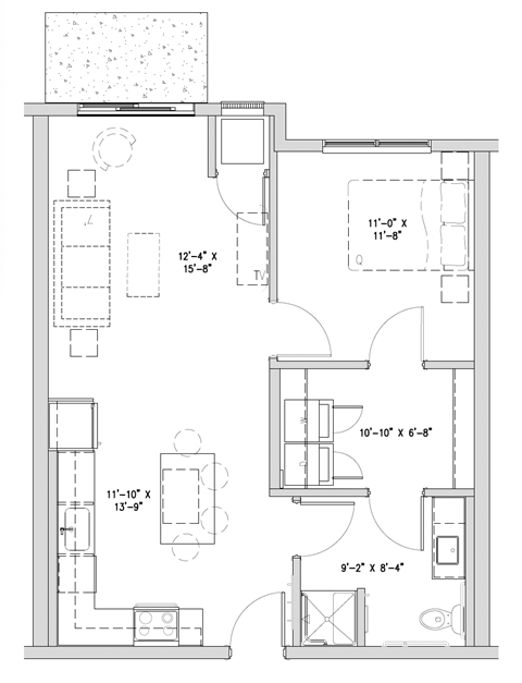 Floor plan for 1 bed, 1 bath, 733 sqft
