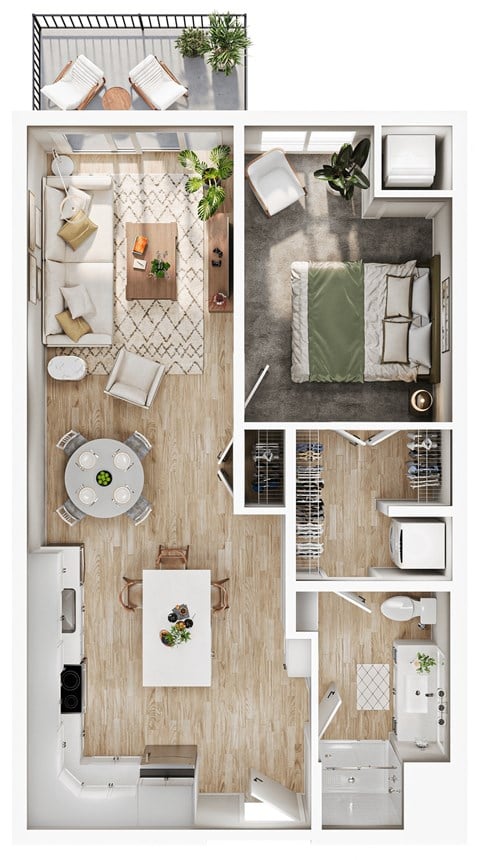 Floor plan for 1 bed, 1 bath, 734 sqft