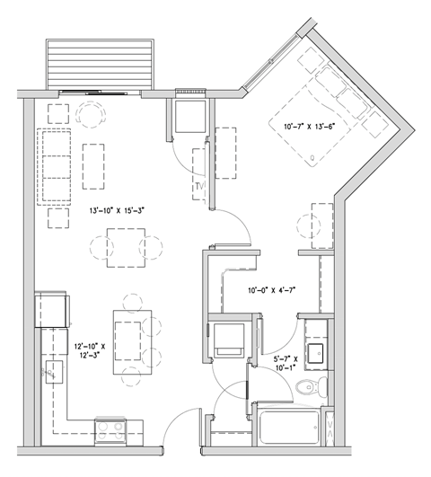Floor plan for 1 bed, 1 bath, 758 sqft