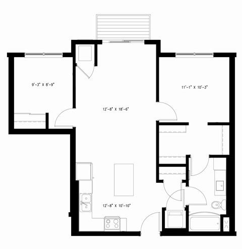 Floor plan for 2 beds, 1 bath, 864 sqft