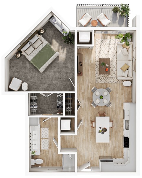 Floor plan for 1 bed, 1 bath, 857 sqft