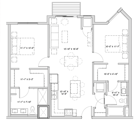 Floor plan for 2 beds, 2 baths, 1081 sqft