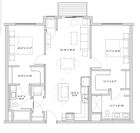 Floor plan for 2 beds, 2 baths, 1065 sqft
