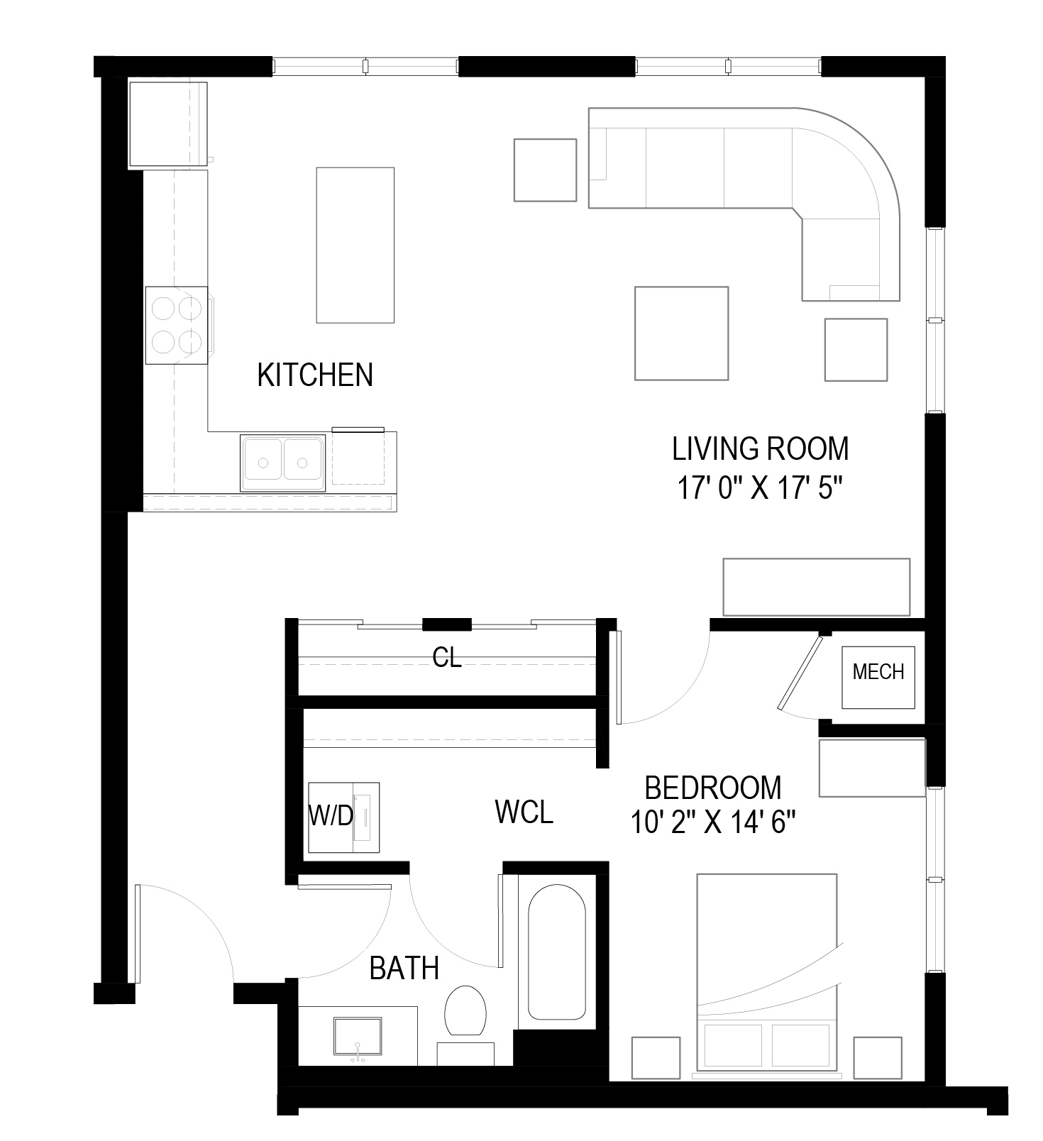 Floor plan for 1 bed, 1 bath, 798 sqft
