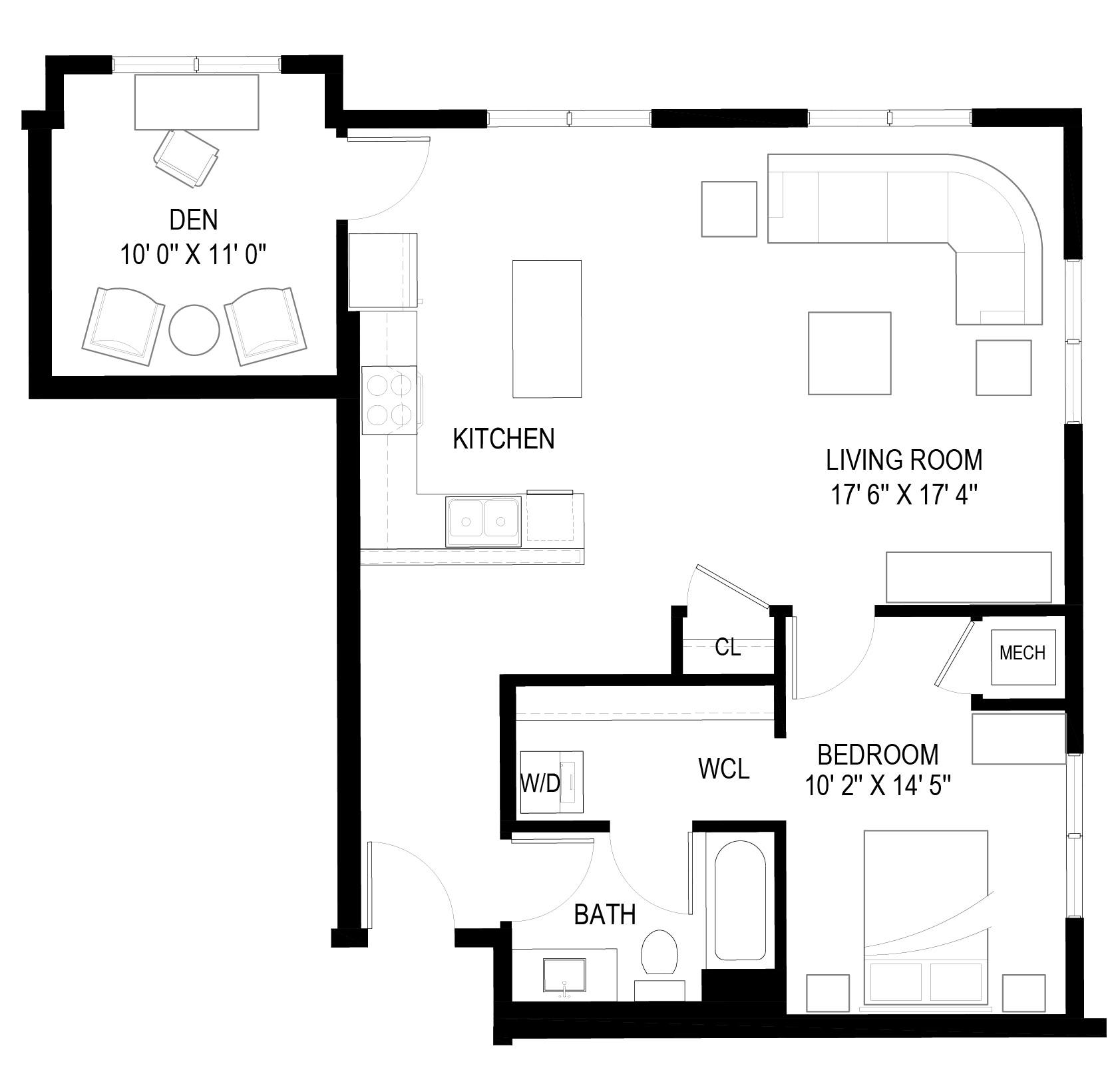 Floor plan for 1 bed, 1 bath, 923 sqft
