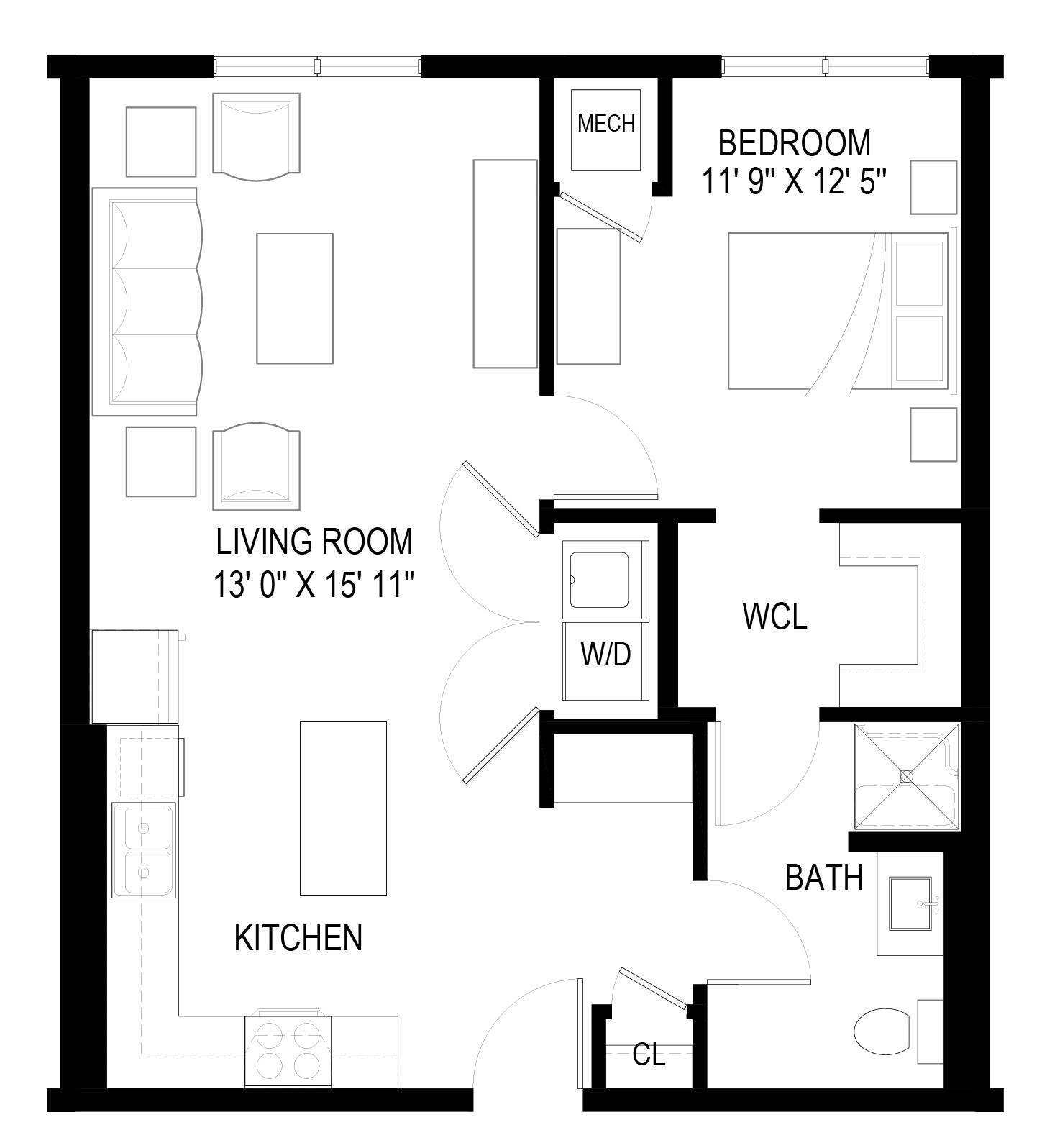 Floor plan for 1 bed, 1 bath, 725 sqft