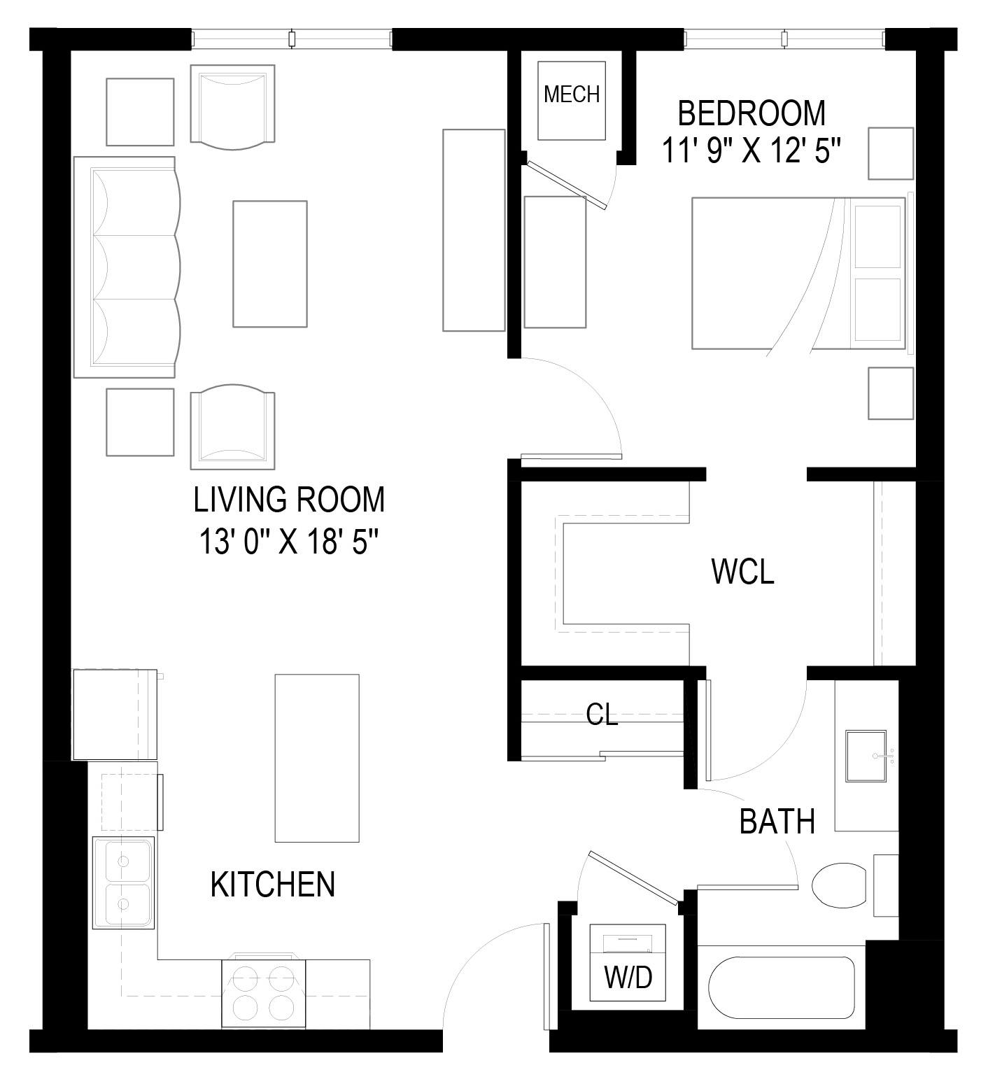 Floor plan for 1 bed, 1 bath, 722 sqft