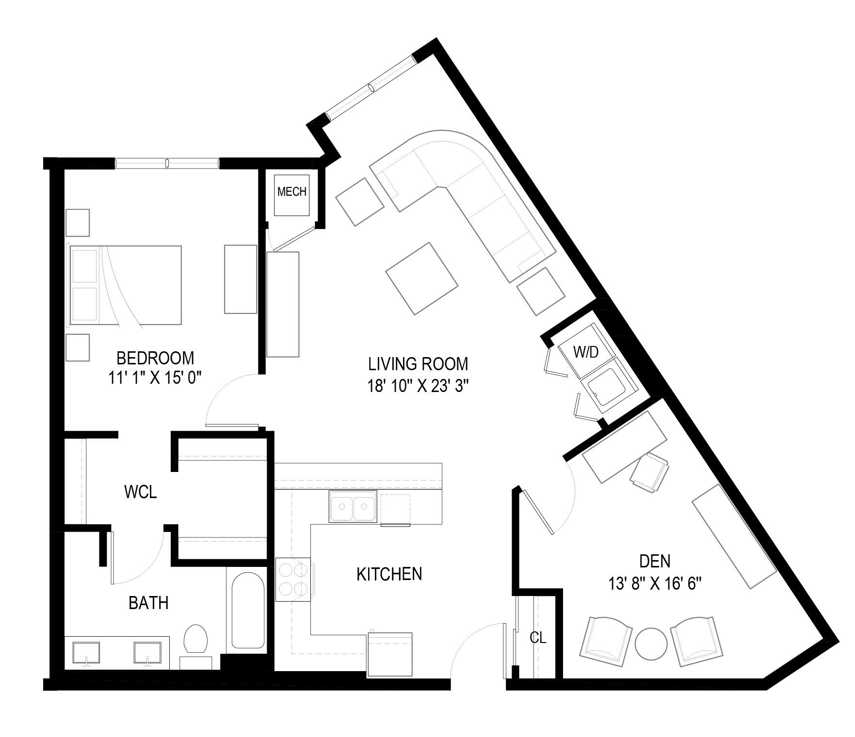 Floor plan for 1 bed, 1 bath, 1052 sqft