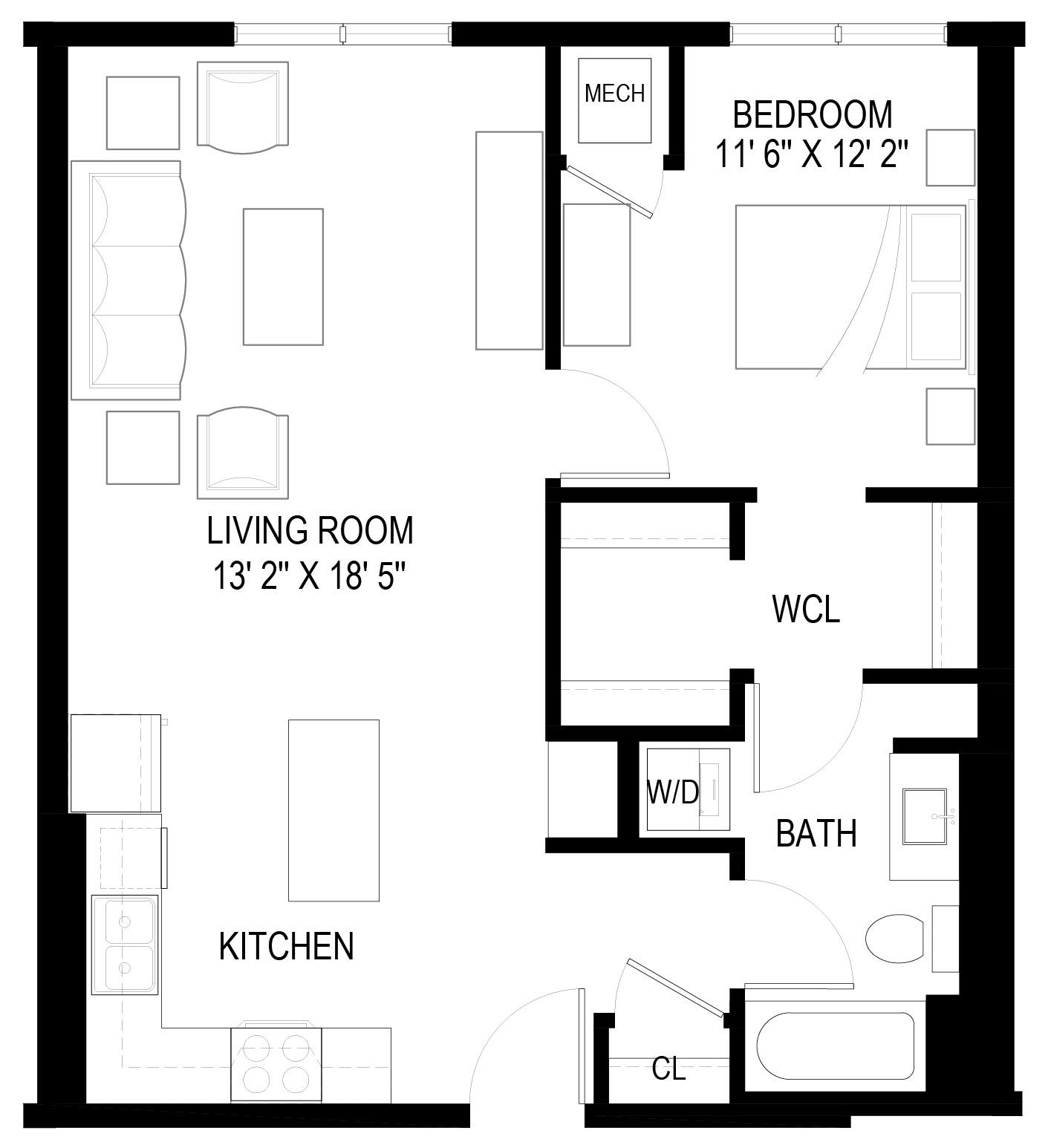 Floor plan for 1 bed, 1 bath, 720 sqft