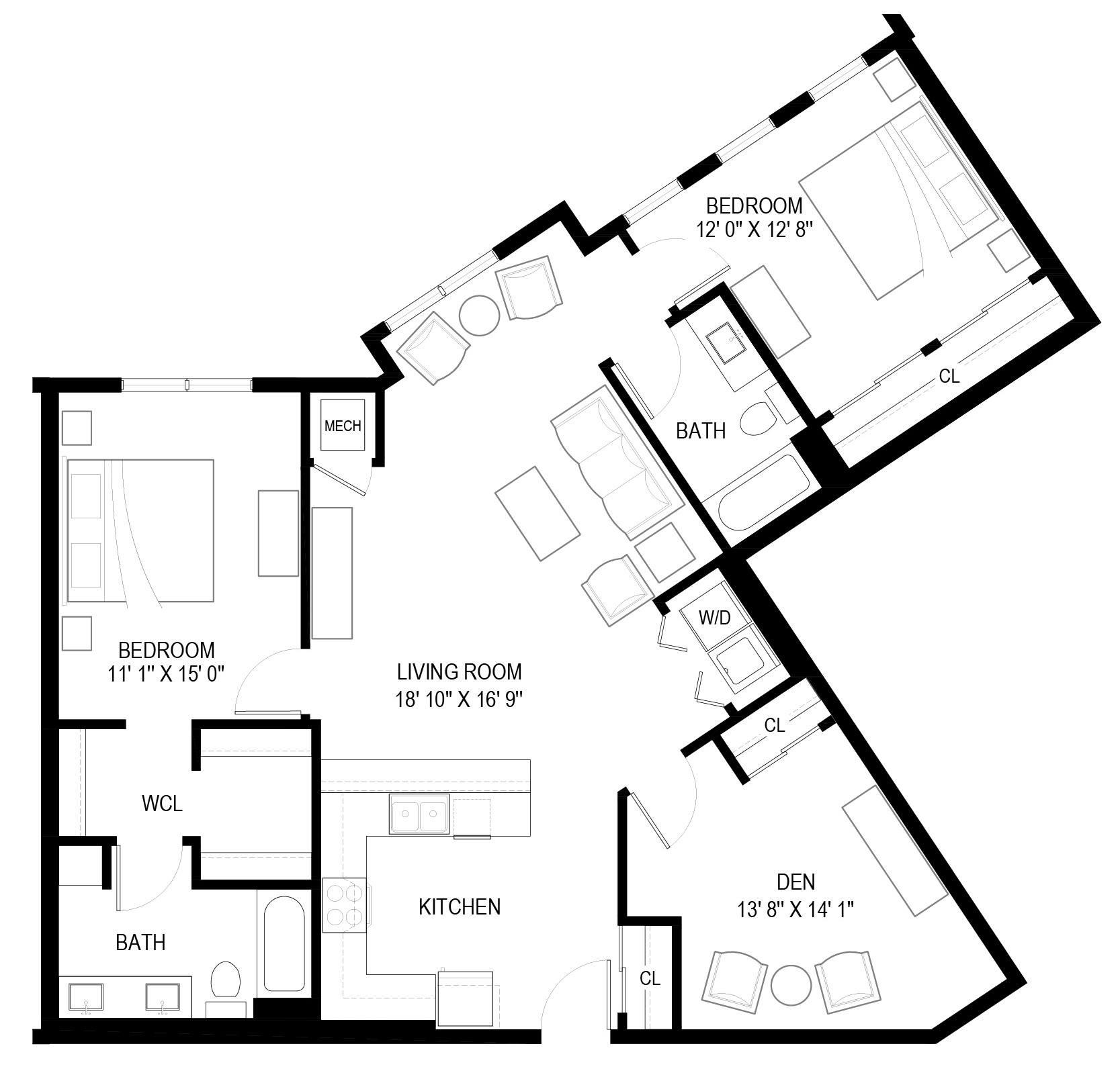 Floor plan for 2 beds, 2 baths, 1345 sqft