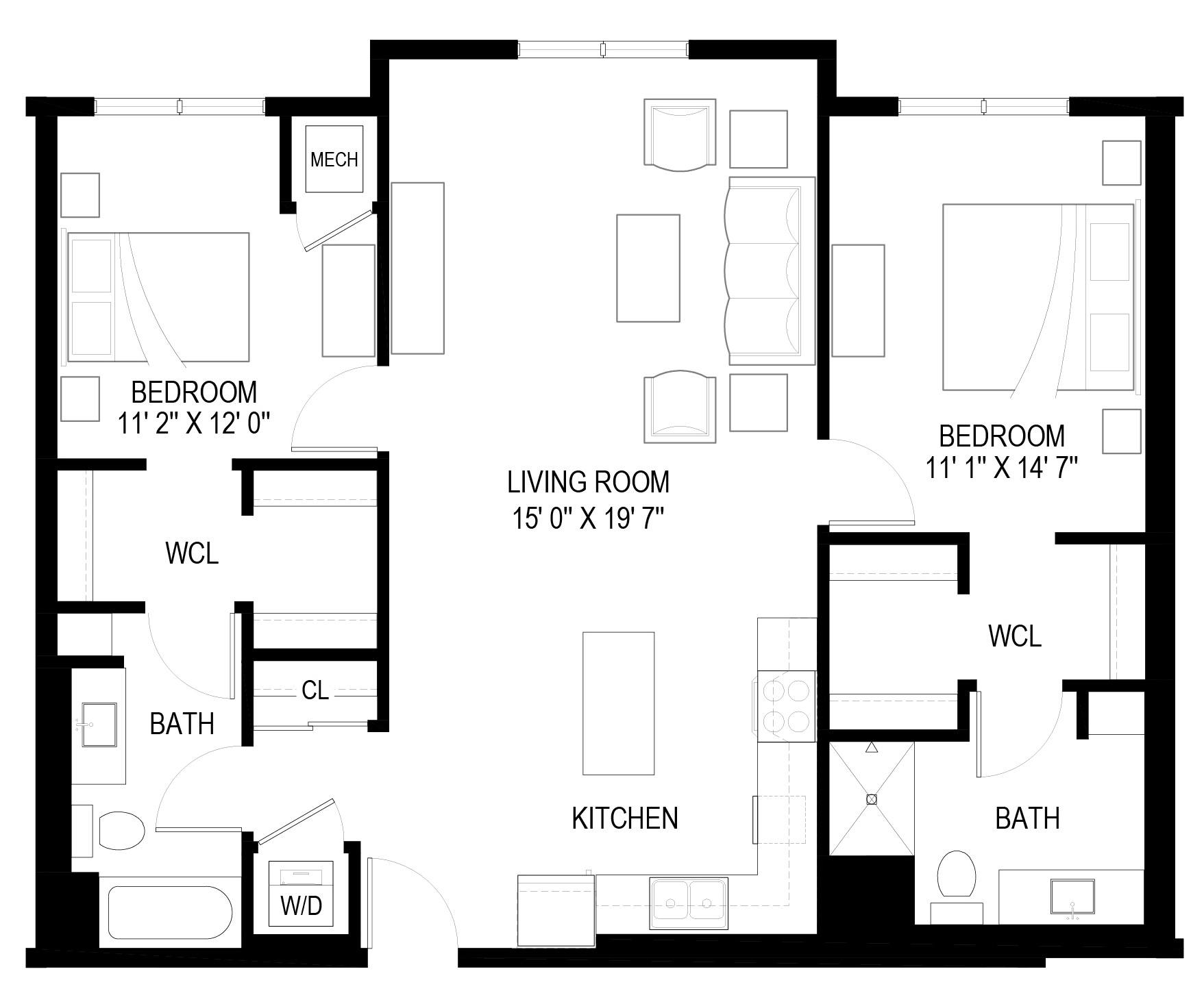 Floor plan for 2 beds, 2 baths, 1113 sqft