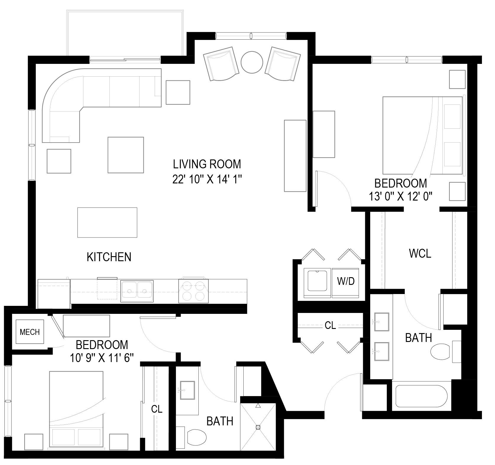 Floor plan for 2 beds, 2 baths, 1161 sqft
