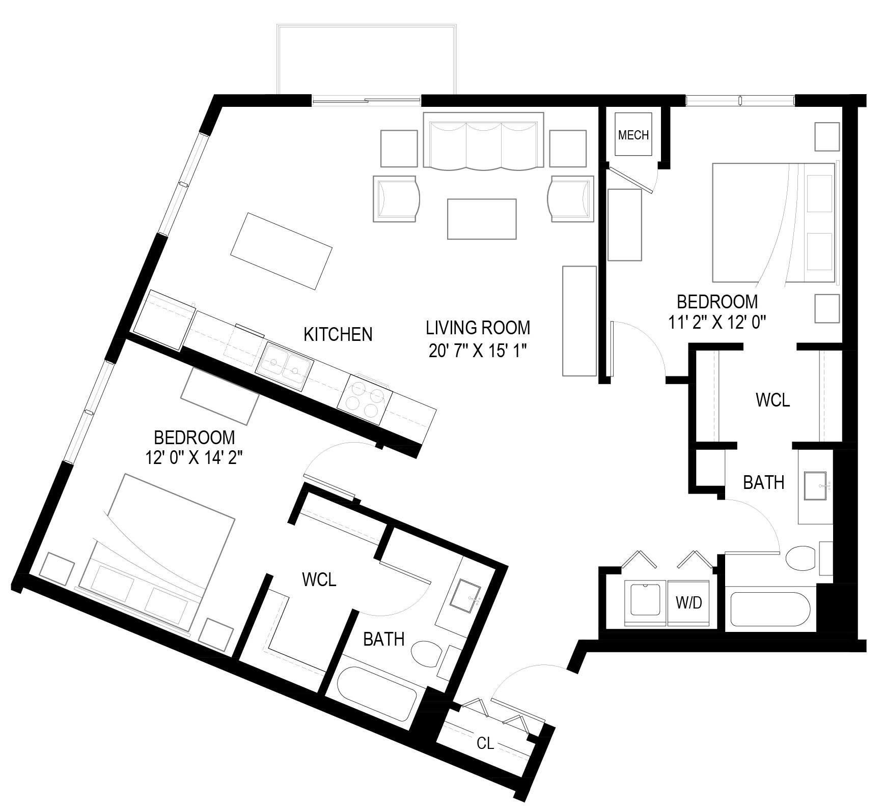 Floor plan for 2 beds, 2 baths, 1215 sqft