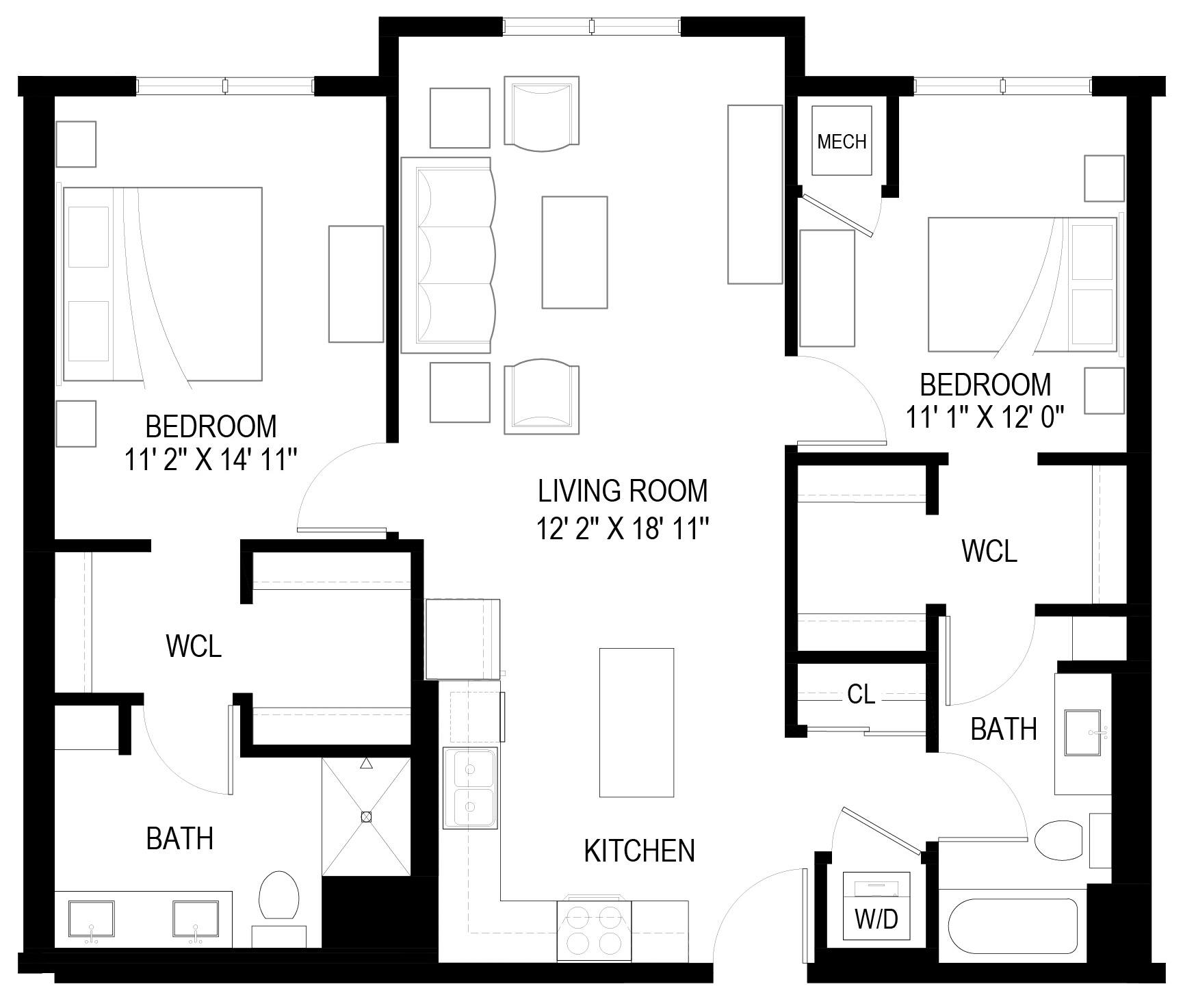 Floor plan for 2 beds, 2 baths, 1057 sqft
