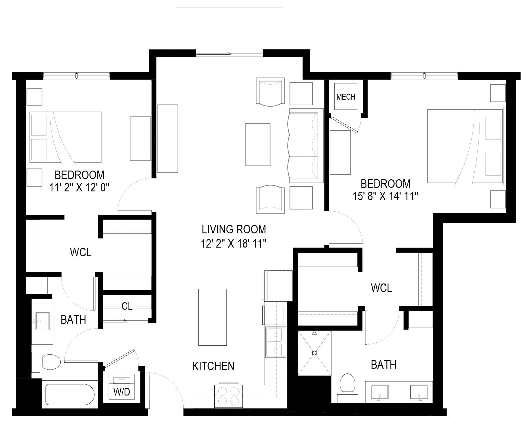Floor plan for 2 beds, 2 baths, 1113 sqft