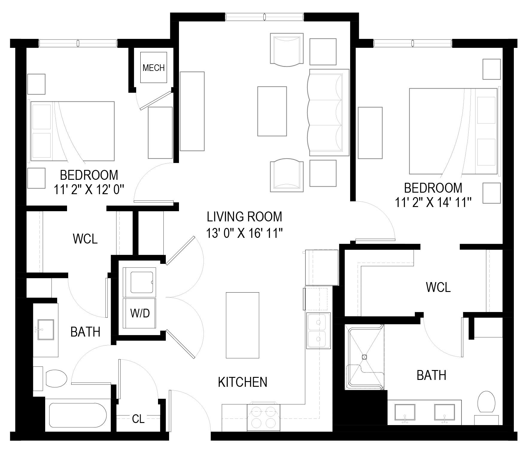Floor plan for 2 beds, 2 baths, 1057 sqft