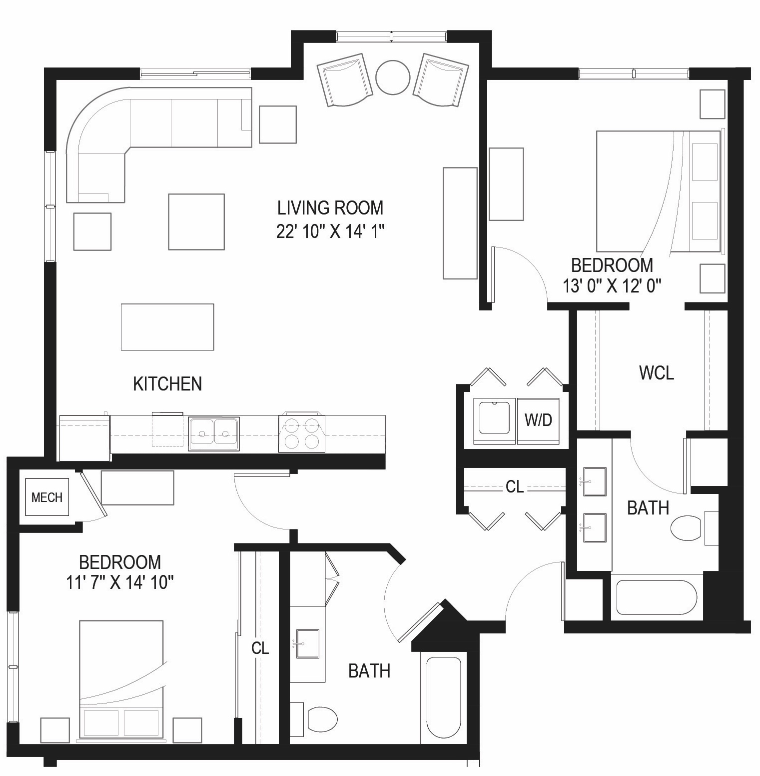 Floor plan for 2 beds, 2 baths, 1243 sqft