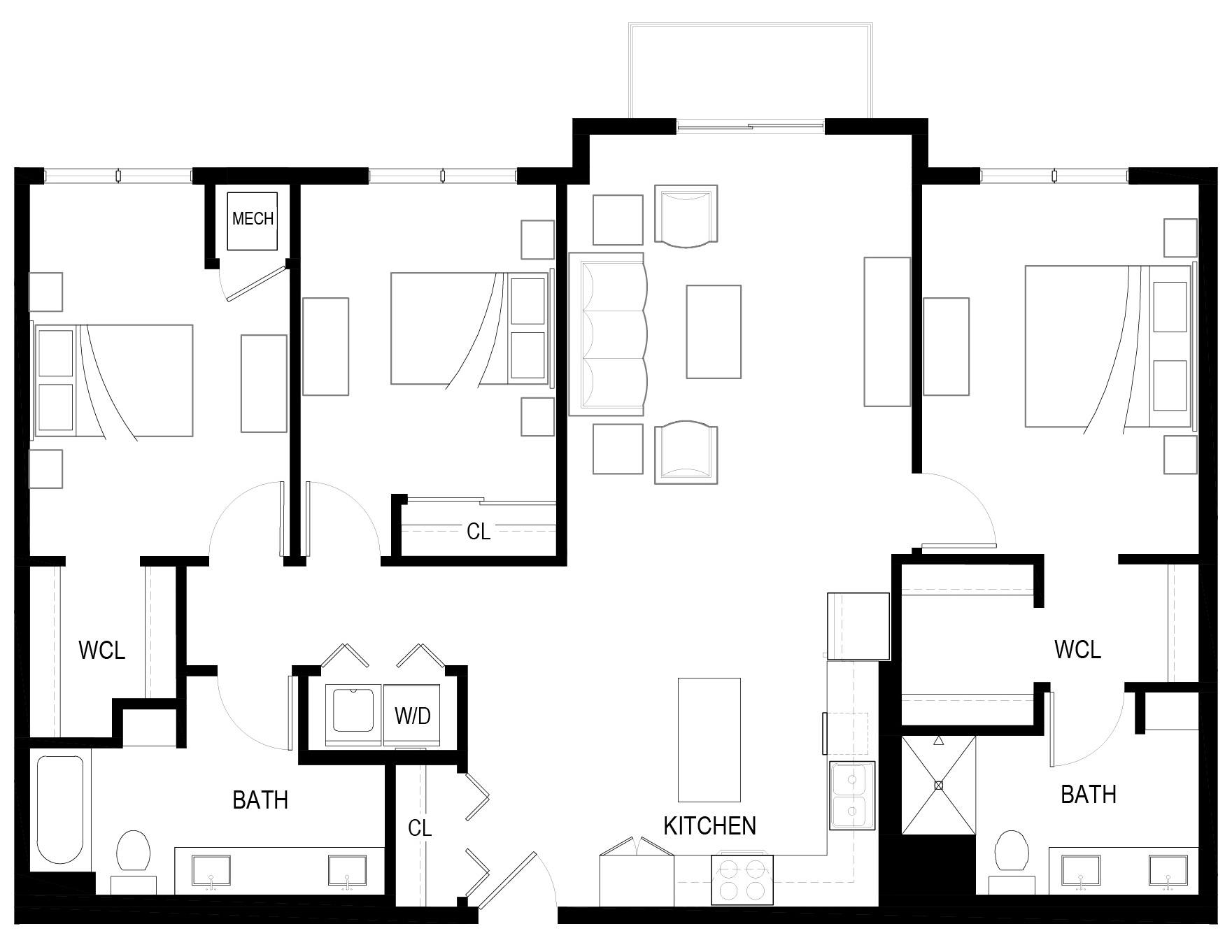 Floor plan for 3 beds, 2 baths, 1358 sqft