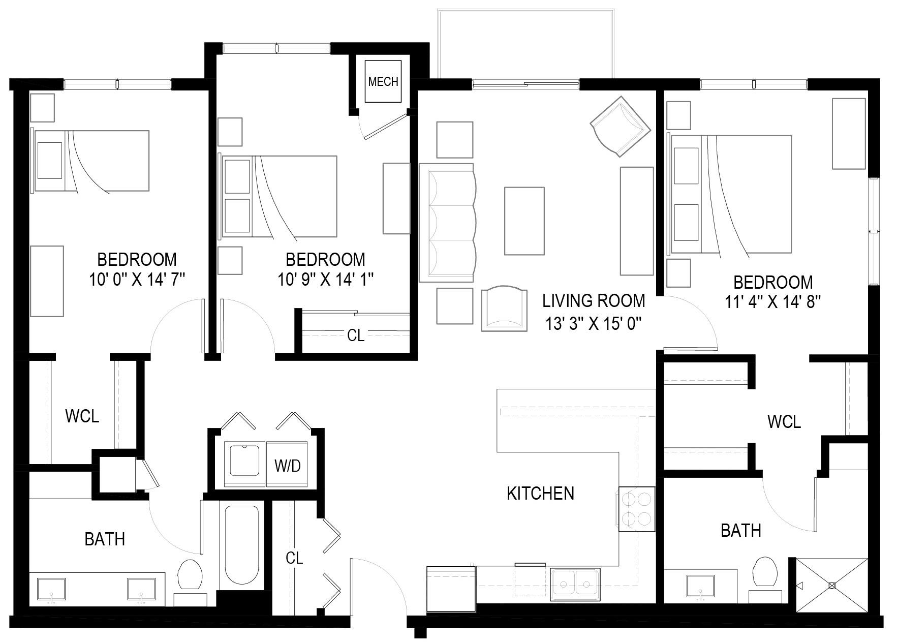 Floor plan for 3 beds, 2 baths, 1358 sqft