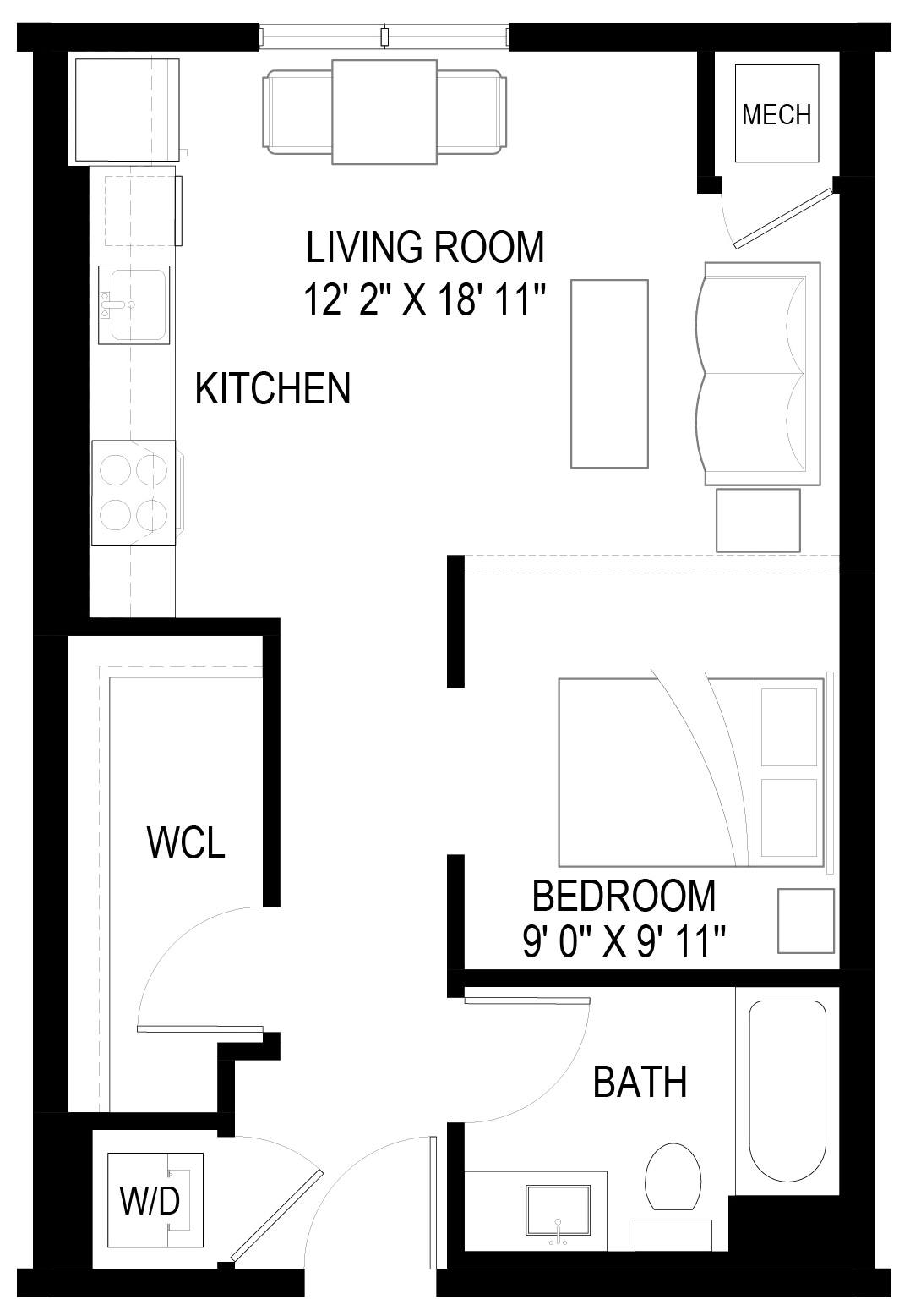 Floor plan for studio, 1 bath, 581 sqft