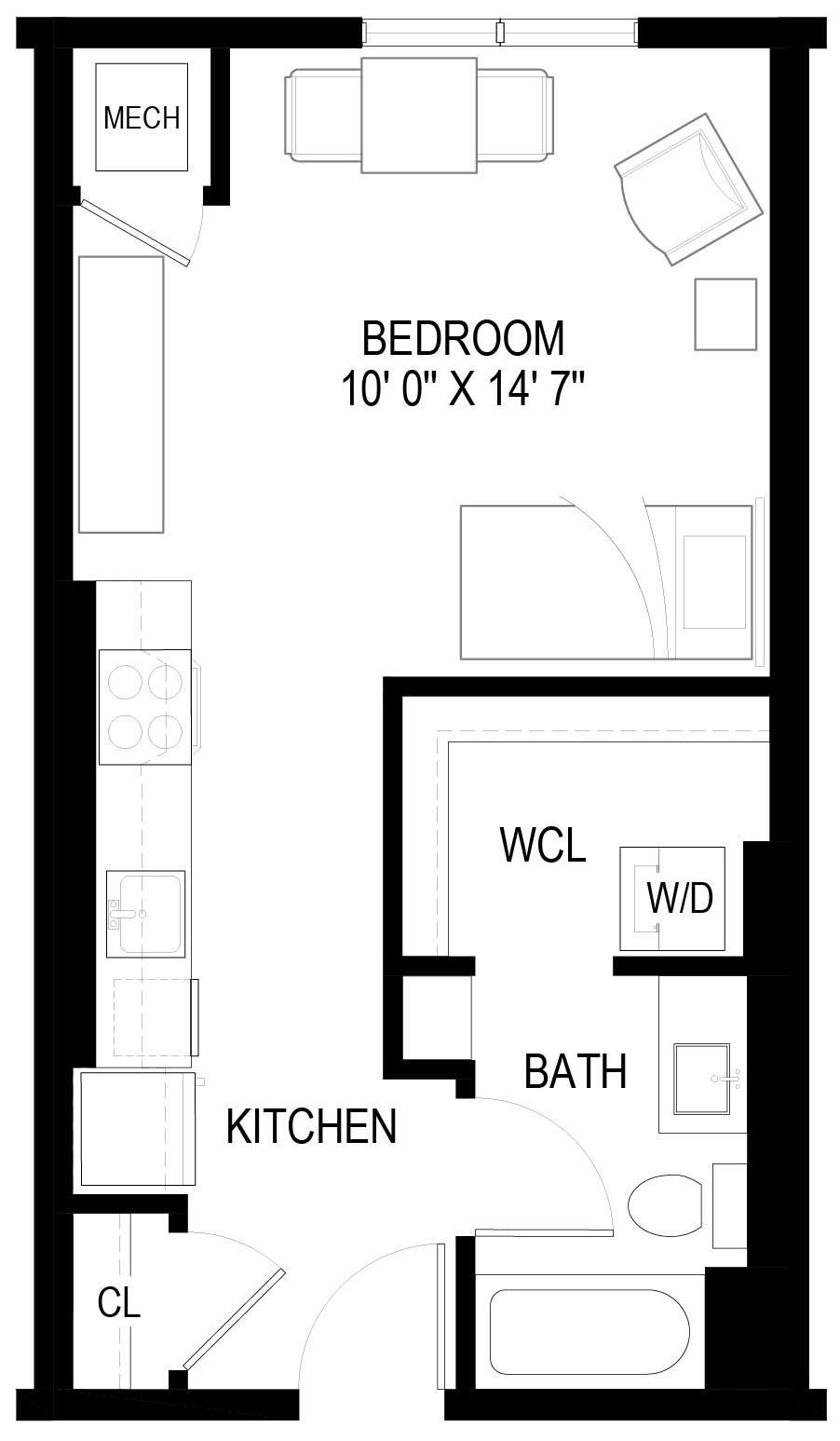 Floor plan for studio, 1 bath, 431 sqft
