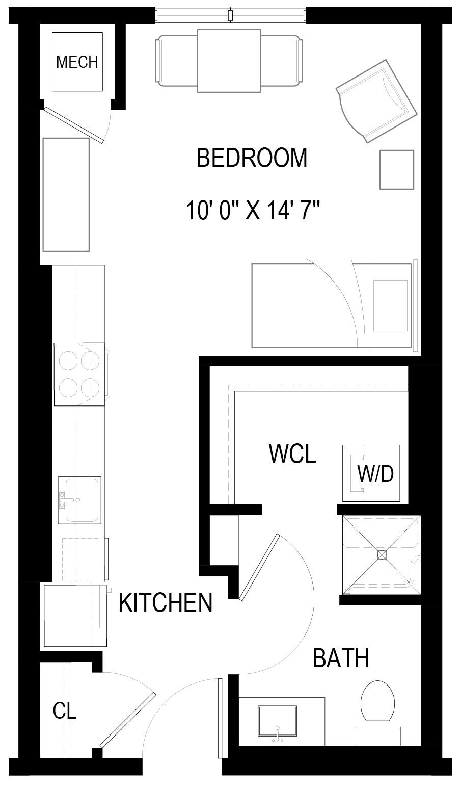 Floor plan for studio, 1 bath, 431 sqft