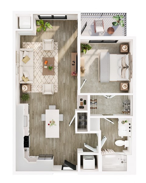 Floor plan for 1 bed, 1 bath, 727 sqft
