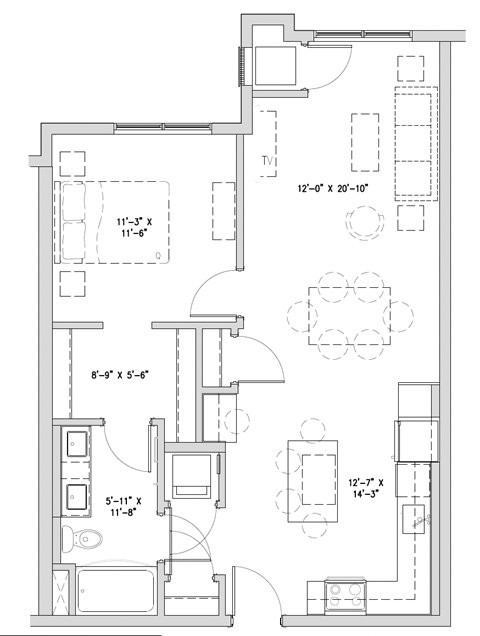 Floor plan for 1 bed, 1 bath, 838 sqft