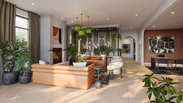 Plymouth apartment for rent - A modern living room with a fireplace and a large painting on the wall.