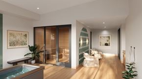 Plymouth apartment for rent - A modern living room with a hot tub and sliding doors.