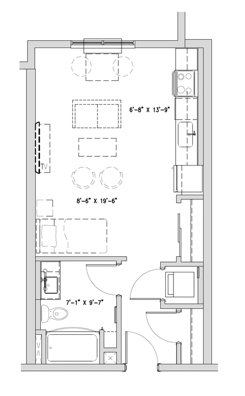 Floor plan for studio, 1 bath, 508 sqft