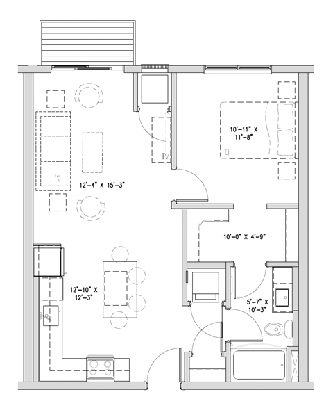 Floor plan for 1 bed, 1 bath, 705 sqft