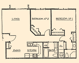 Floor plan for 2 beds, 2 baths, 980 sqft