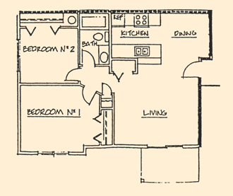 Floor plan for 2 beds, 1 bath, 875 sqft