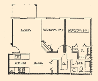 Floor plan for 2 beds, 1 bath, 875 sqft
