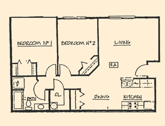 Floor plan for 2 beds, 1 bath, 950 sqft