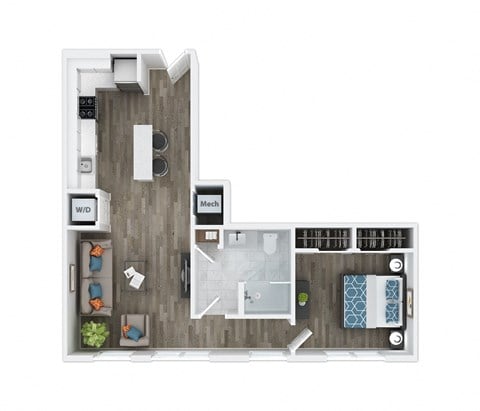 Floor plan for 1 bed, 1 bath, 770 sqft