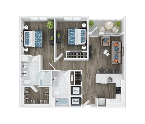 Floor plan for 2 beds, 2 baths, 1085 sqft