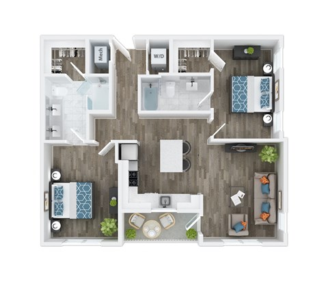 Floor plan for 2 beds, 2 baths, 1088 sqft