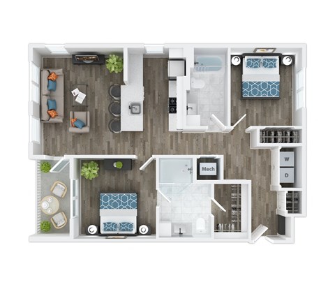 Floor plan for 2 beds, 2 baths, 1088 sqft