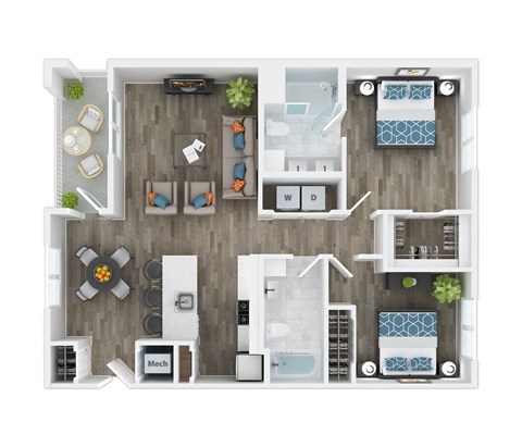 Floor plan for 2 beds, 2 baths, 1158 sqft