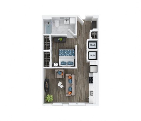 Floor plan for 1 bed, 1 bath, 630 sqft