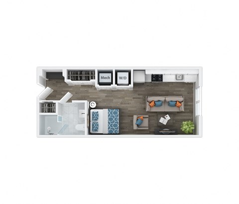 Floor plan for 1 bed, 1 bath, 458 sqft